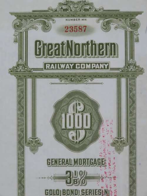 1945 Great Northern Railway Company, $1000 Gold Bond Certificate 23587