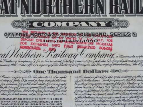 1945 Great Northern Railway Company, $1000 Gold Bond Certificate 23587