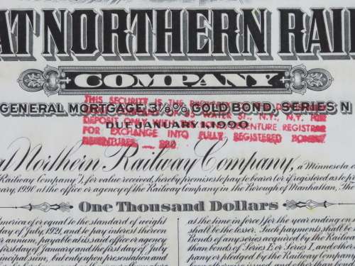 1945 Great Northern Railway Company, $1000 Gold Bond Certificate 23572