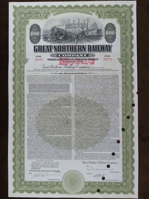 1945 Great Northern Railway Company, $1000 Gold Bond Certificate 23572