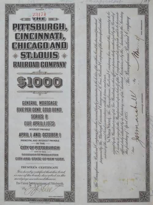 1925 Pittsburgh Cincinati Chicago and St Louis Railroad Company, $1000 Gold Bond Certificate 23174