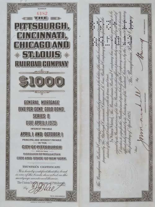 1925 Pittsburgh Cincinati Chicago and St Louis Railroad Company, $1000 Gold Bond Certificate 6182