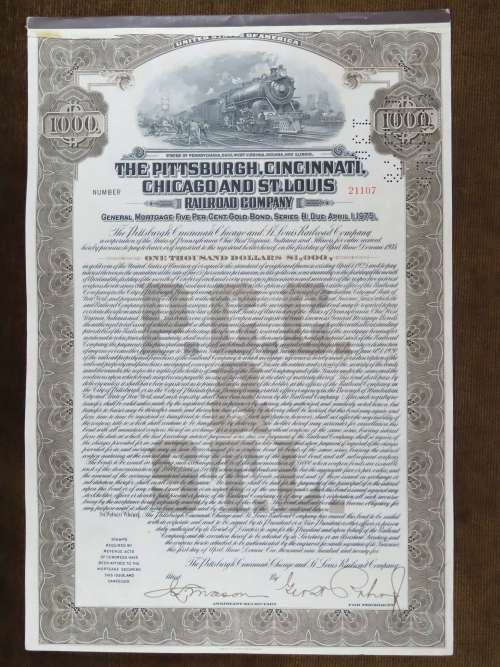 1925 Pittsburgh Cincinati Chicago and St Louis Railroad Company, $1000 Gold Bond Certificate 21107
