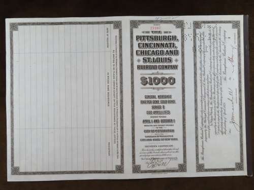 1925 Pittsburgh Cincinati Chicago and St Louis Railroad Company, $1000 Gold Bond Certificate 21107
