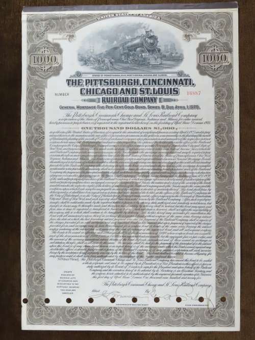 1925 Pittsburgh Cincinati Chicago and St Louis Railroad Company, $1000 Gold Bond Certificate 16887