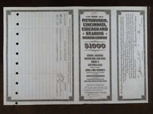 1925 Pittsburgh Cincinati Chicago and St Louis Railroad Company, $1000 Gold Bond Certificate 16887