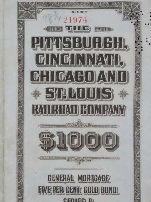 1925 Pittsburgh Cincinati Chicago and St Louis Railroad Company, $1000 Gold Bond Certificate 21974