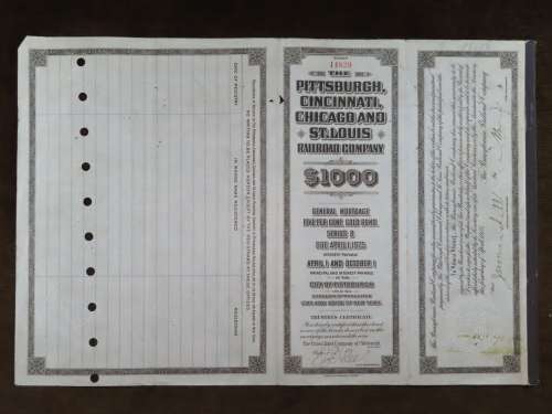 1925 Pittsburgh Cincinati Chicago and St Louis Railroad Company, $1000 Gold Bond Certificate 14829