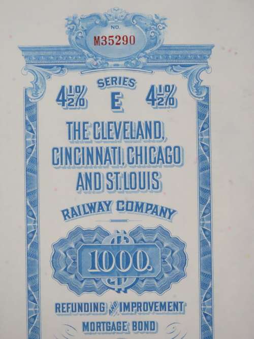 1927 Cleveland Cincinnati Chicago and St Louis Railway Company, $1000 Bond Certificate M35290