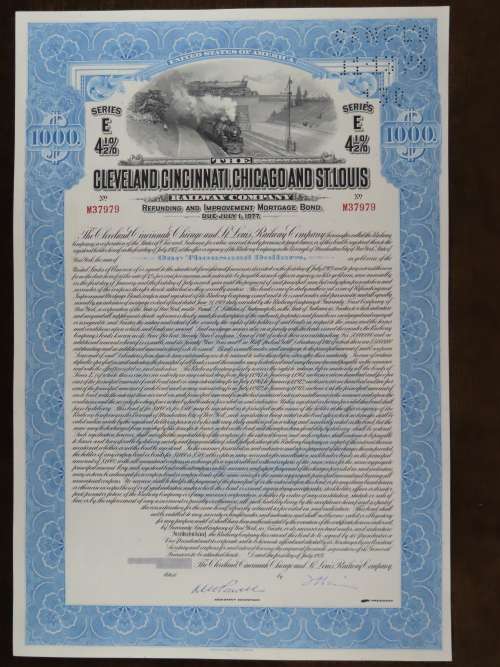 1927 Cleveland Cincinnati Chicago and St Louis Railway Company, $1000 Bond Certificate M37979