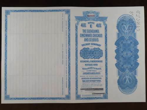 1927 Cleveland Cincinnati Chicago and St Louis Railway Company, $1000 Bond Certificate M37979