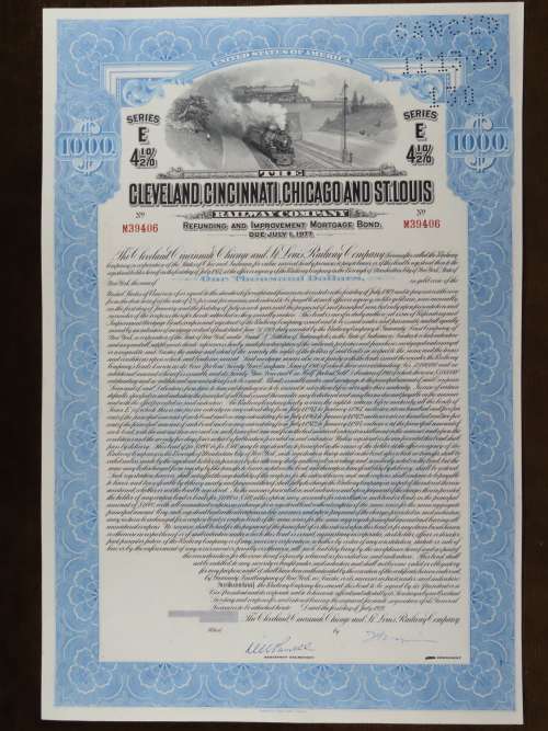 1927 Cleveland Cincinnati Chicago and St Louis Railway Company, $1000 Bond Certificate M39406