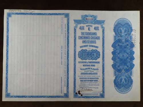 1927 Cleveland Cincinnati Chicago and St Louis Railway Company, $1000 Bond Certificate M11129
