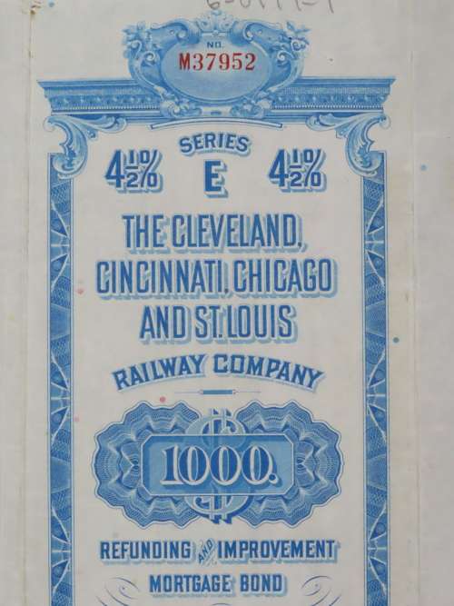 1927 Cleveland Cincinnati Chicago and St Louis Railway Company, $1000 Bond Certificate M37952