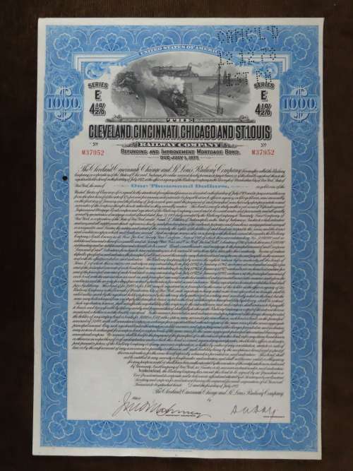 1927 Cleveland Cincinnati Chicago and St Louis Railway Company, $1000 Bond Certificate M37952