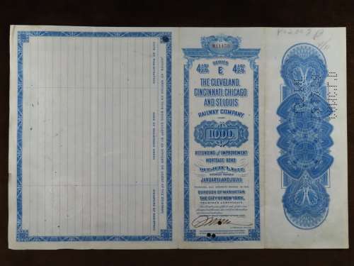 1927 Cleveland Cincinnati Chicago and St Louis Railway Company, $1000 Bond Certificate M11459