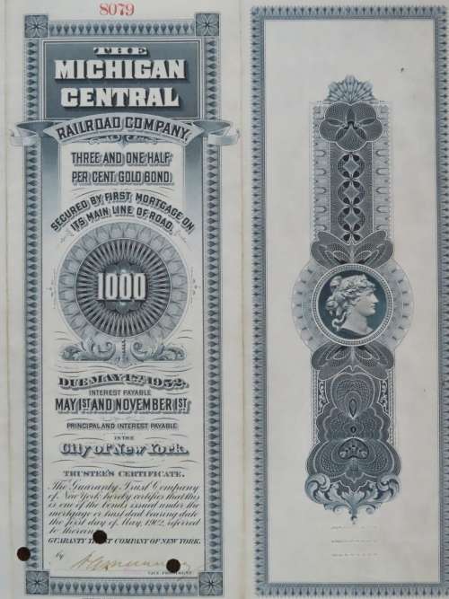 1902 The Michigan Central Railroad Company, $1000 Gold Bond Certificate 8079