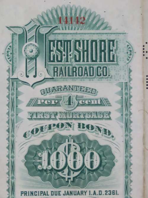 1885 West Shore Railroad Company, $1000 Bond Certificate 14142