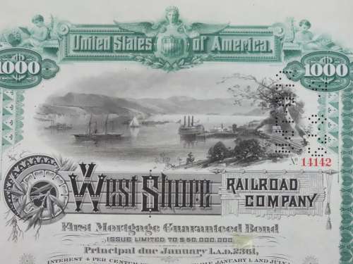 1885 West Shore Railroad Company, $1000 Bond Certificate 14142