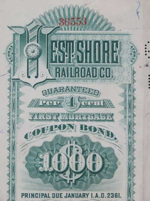 1885 West Shore Railroad Company, $1000 Bond Certificate 36553