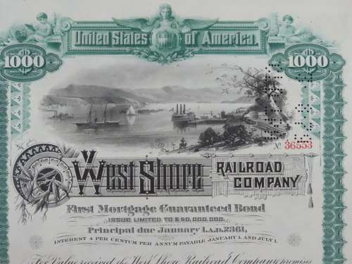 1885 West Shore Railroad Company, $1000 Bond Certificate 36553