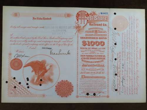 1927 West Shore Railroad Company, $1000 Bond Certificate M48622