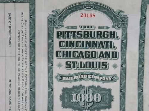 1944 Pittsburgh Cincinnati Chicago StLouis Railroad, $1000 Bond Certificate w/ Coupons 20168