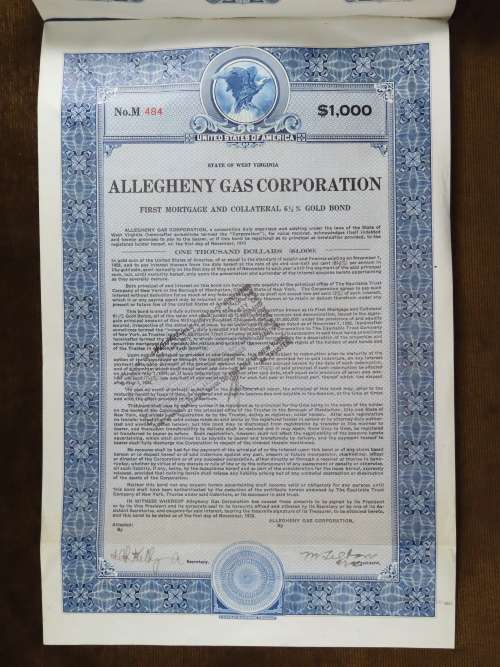 1928 Allegheny Gas Corporation, $1000 Gold Bond and Share Certificate 484