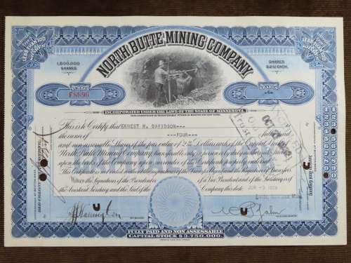 1929 North Butte Mining Company, Stock Certificate, 4 Shares , F8696