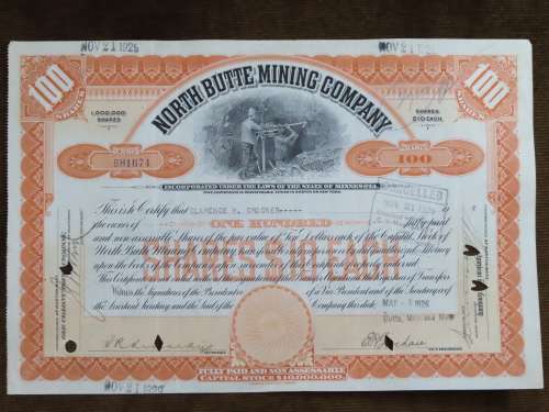 1926 North Butte Mining Company, Stock Certificate, 100 Shares , BH1674