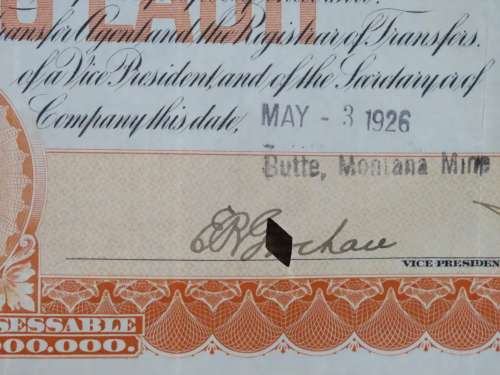 1926 North Butte Mining Company, Stock Certificate, 100 Shares , BH1674