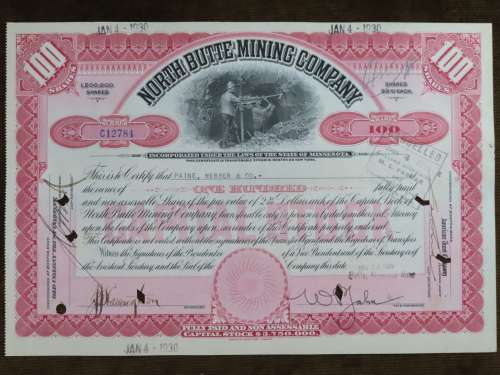 1929 North Butte Mining Company, Stock Certificate, 100 Shares , C12784