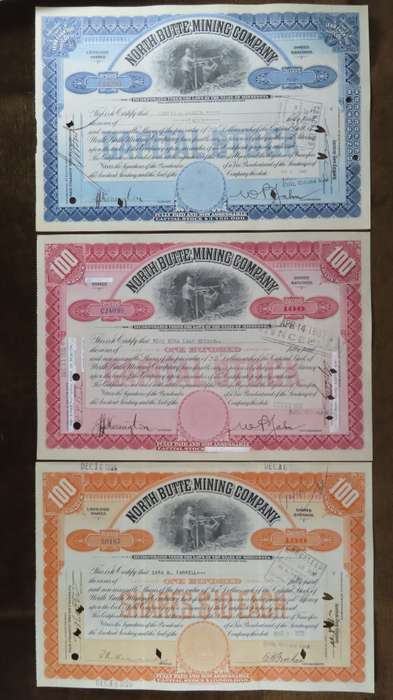 1936 Set of 3 North Butte Mining Company, Stock Certificate, 220 Shares , C24098