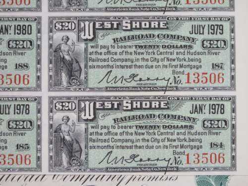 1885 West Shore Railroad Company, $1000 Bond Certificate With  Coupons 13506
