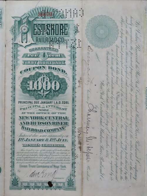1885 West Shore Railroad Company, $1000 Bond Certificate With  Coupons 36670