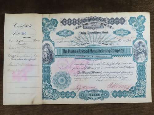 1901 Plume And Atwood Manufacturing Company, Stock Certificate, 200 Shares , 206