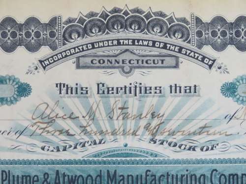 1901 Plume And Atwood Manufacturing Company, Stock Certificate, 317 Shares , 207