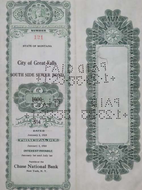 1919 City of Great Falls - South Side Sewer Bond, $1000 Bond, 121