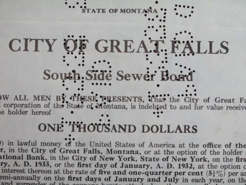 1919 City of Great Falls - South Side Sewer Bond, $1000 Bond, 121