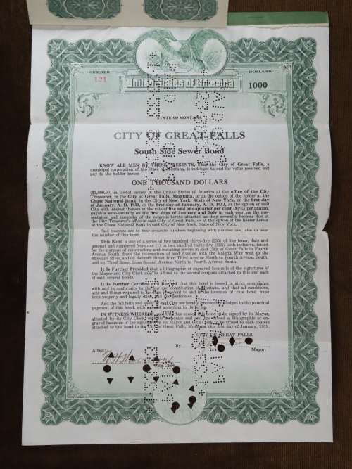 1919 City of Great Falls - South Side Sewer Bond, $1000 Bond, 121