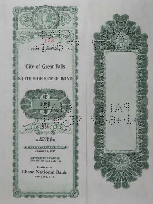 1919 City of Great Falls - South Side Sewer Bond, $1000 Bond, 193
