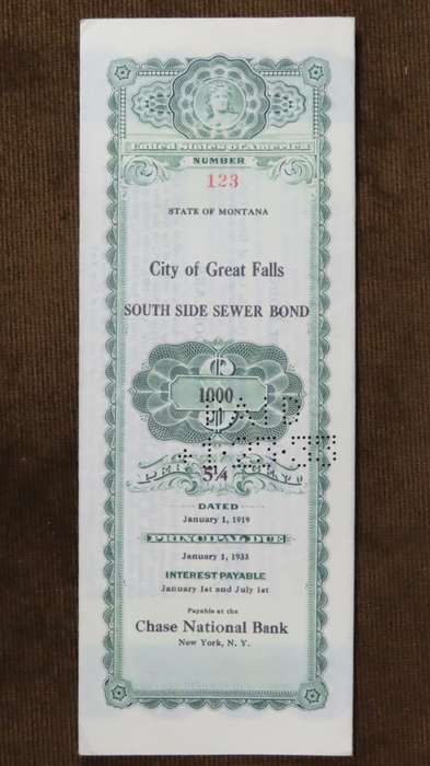 1919 City of Great Falls - South Side Sewer Bond, $1000 Bond, 123