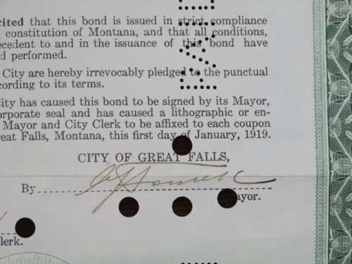 1919 City of Great Falls - South Side Sewer Bond, $1000 Bond, 88