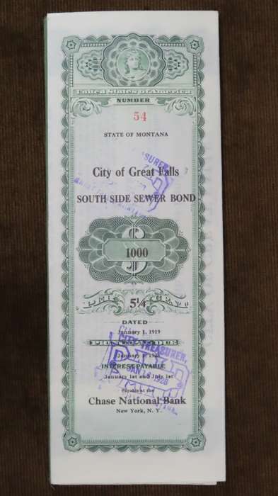 1919 City of Great Falls - South Side Sewer Bond, $1000 Bond, 54