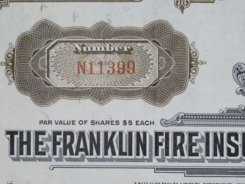 1939 Franklin Fire Insurance Company of Philadelphia , Stock Certificate, 100 Shares, N11399