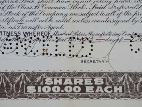 1924 Standard Paper Manufacturing Company, Stock Certificate, 15 Shares, 110