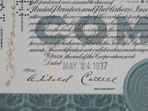 1937 United Printers and Publishers, Stock Certificate, 100 Shares, C444