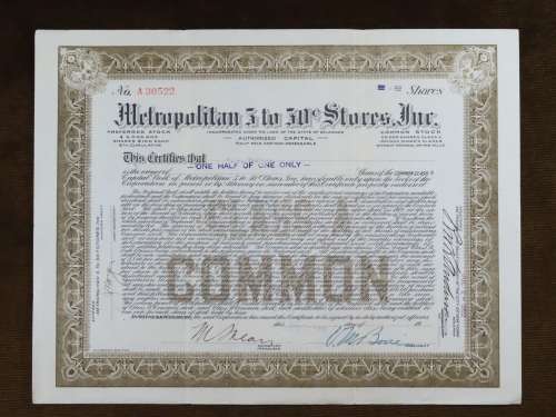 1922 Metropolitan 5 to 50c Stores, Stock Certificate, Half Shares, 30522