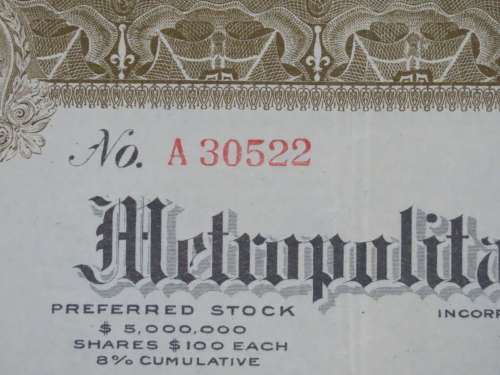 1922 Metropolitan 5 to 50c Stores, Stock Certificate, Half Shares, 30522