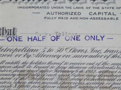 1922 Metropolitan 5 to 50c Stores, Stock Certificate, Half Shares, 30522